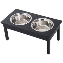 Black wooden elevated dog feeding station with 2 stainless steel pet bowls