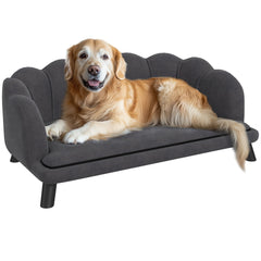Charcoal gray large dog couch with velvet surface, foam cushioning, pearl-shaped backrest, and birch wood legs for medium and large dogs
