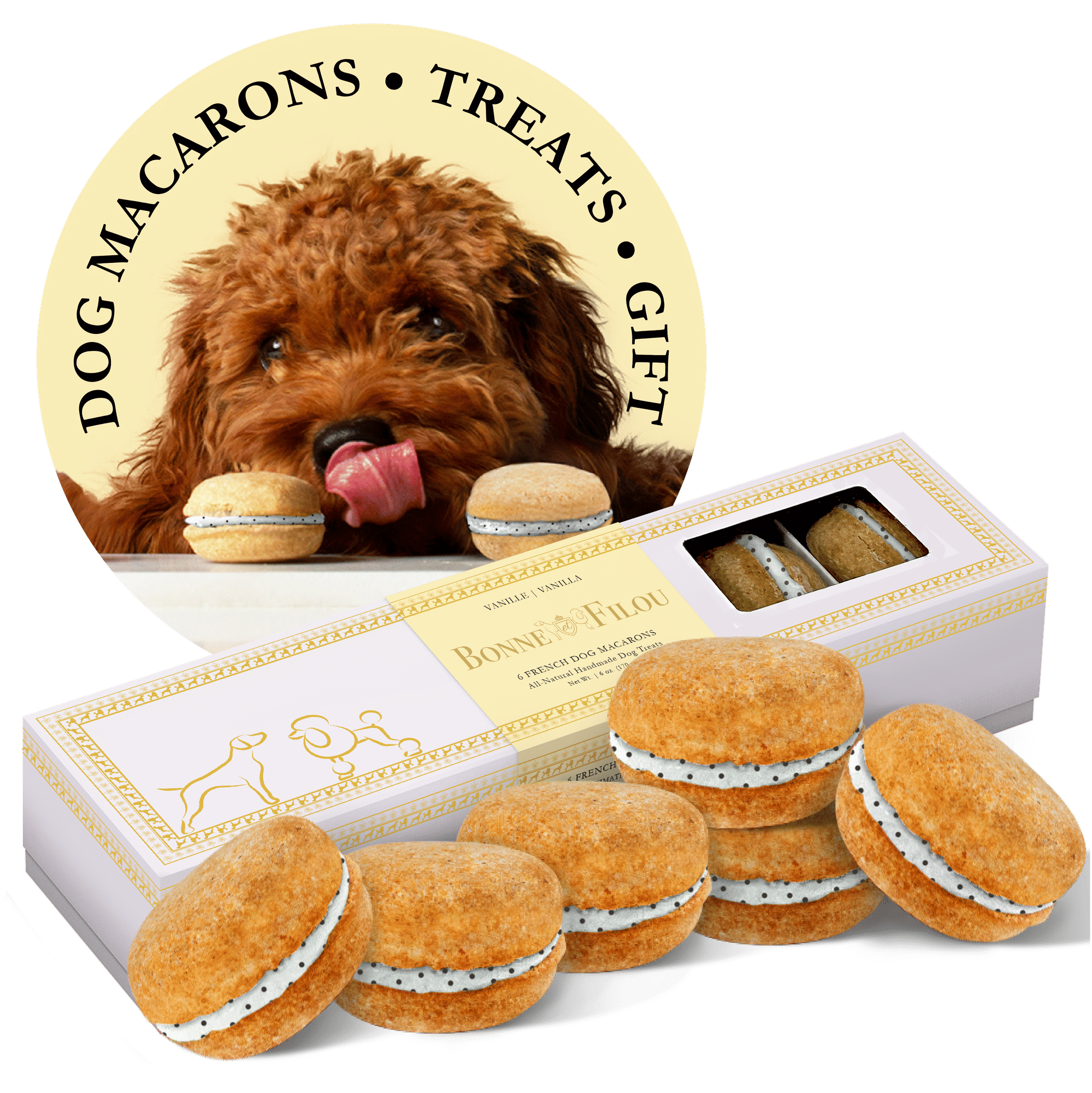 Box of 6 handmade dog macarons natural long-lasting chew treats