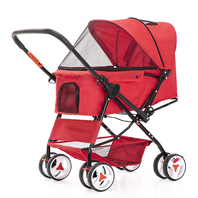 Four wheel folding pet stroller with adjustable canopy, mesh windows, and storage basket for dogs and cats
