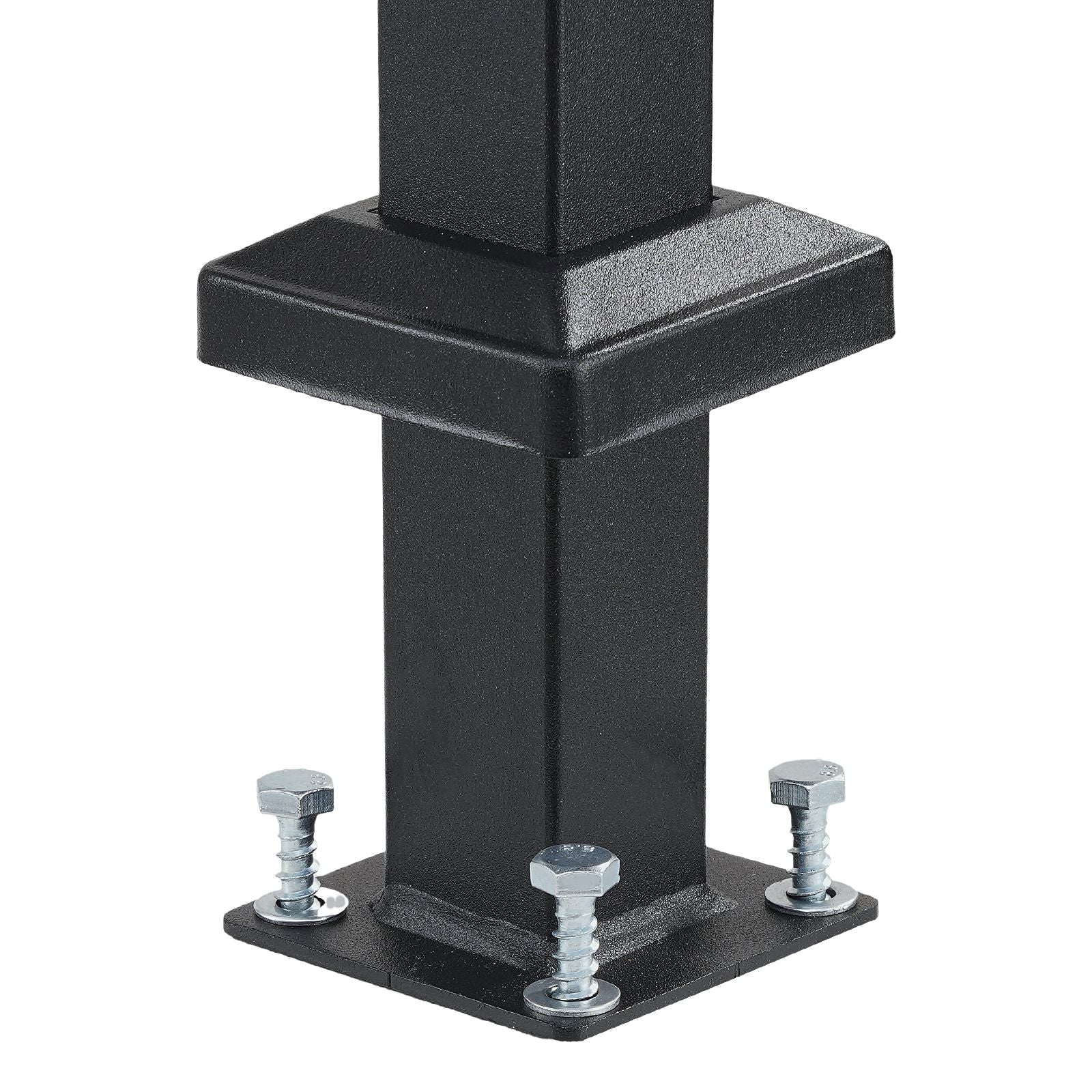 Black transitional carbon steel outdoor steps handrail installed on concrete porch steps with adjustable 5-step stair rail kit and installation hardware
