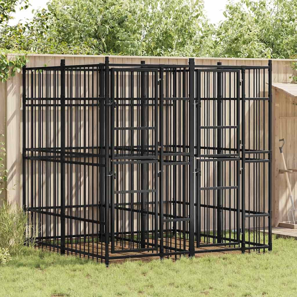 Large outdoor dog kennel made of powder-coated steel with lockable door and ventilation