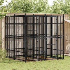 Large outdoor dog kennel made of powder-coated steel with lockable door and ventilation