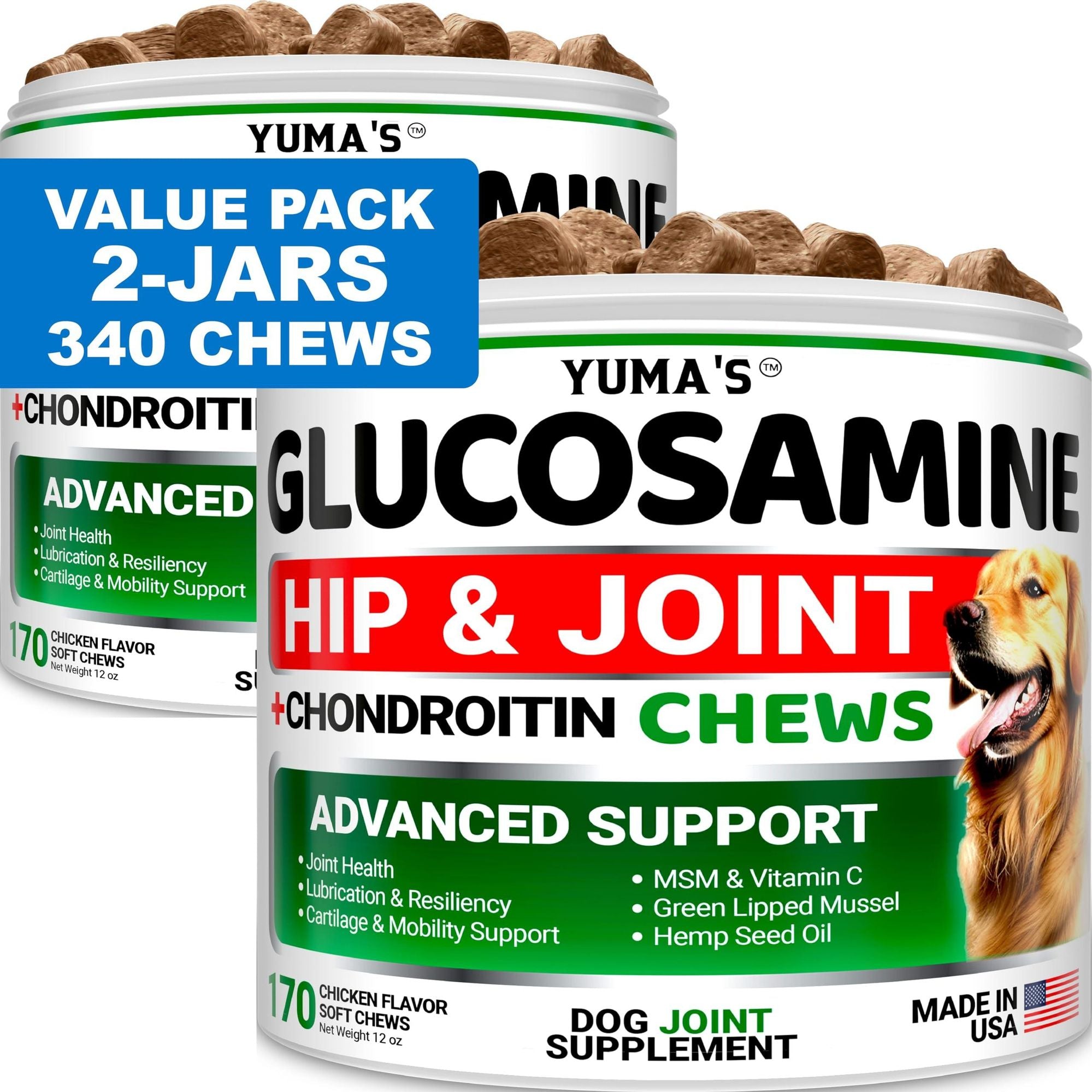 2 pack bottle of glucosamine and chondroitin dog chews for joint pain relief and hip support made in USA