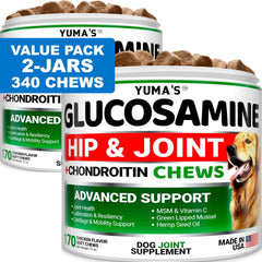 2 pack bottle of glucosamine and chondroitin dog chews for joint pain relief and hip support made in USA