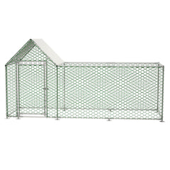 Large silver metal chicken coop run with PVC coated wire mesh and removable cover
