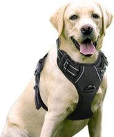 Adjustable no-pull black dog harness with reflective strips and padded vest for large dogs