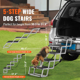 Portable 5-step dog stair for cars with nonslip surface and sturdy aluminum frame supporting pets up to 150 lbs