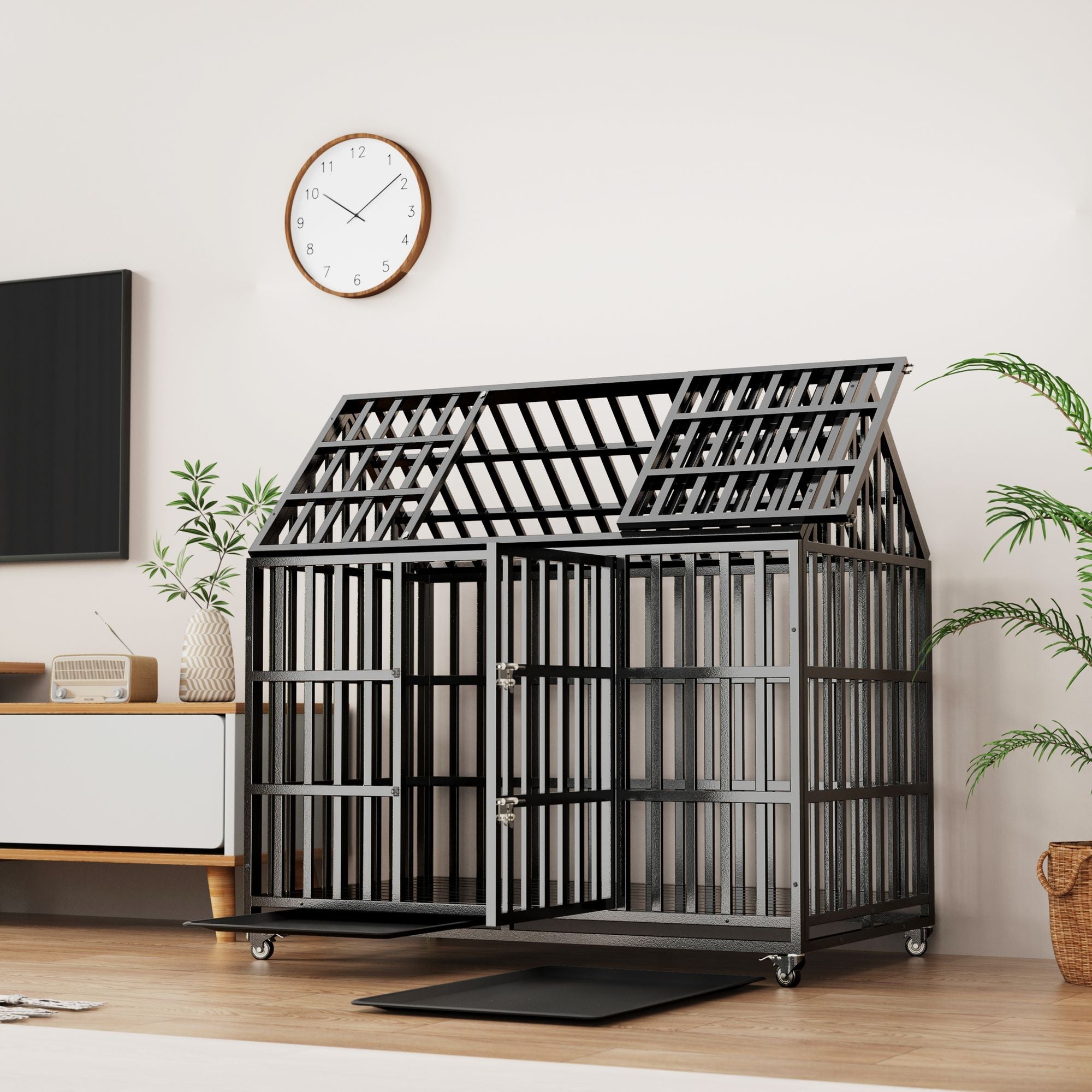 52-inch heavy duty black metal dog crate with lockable wheels and top opening door
