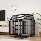 52-inch heavy duty black metal dog crate with lockable wheels and top opening door