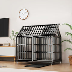 52-inch heavy duty black metal dog crate with lockable wheels and top opening door