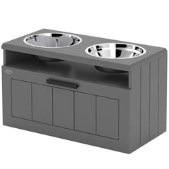 Elevated dog bowls with raised stand, dual stainless steel bowls, storage drawer, and slow feeder mat for large breeds