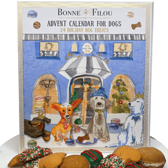 Dog Treats Advent Calendar by Bonne et Filou with 24 handmade holiday dog treats including bones, truffles, and macarons in festive packaging