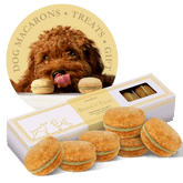 Box of 6 handmade, natural Dog Macarons treats with yogurt filling for long-lasting chew