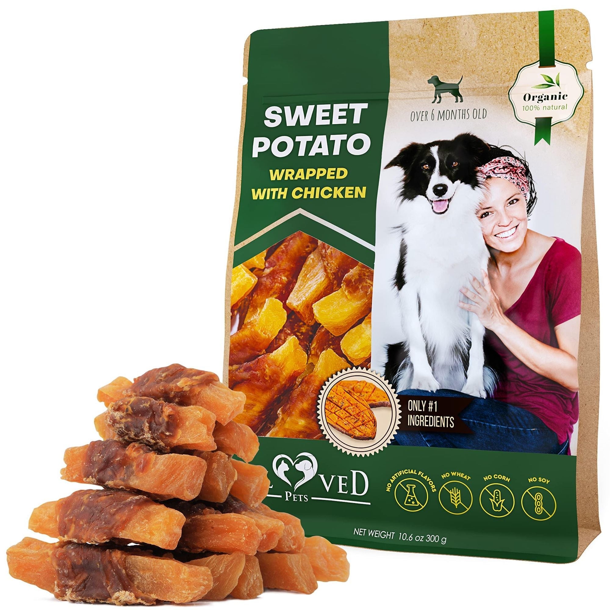 Dog sweet potato chew treats wrapped with chicken for healthy dental care and training