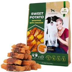 Dog sweet potato chew treats wrapped with chicken for healthy dental care and training