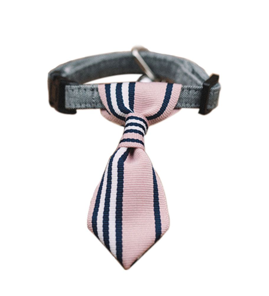 Adjustable pink vertical stripe dog collar with bow tie for small pets