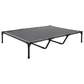 Elevated dog bed with steel frame and breathable mesh for large dogs, portable and gray, suitable for indoor and outdoor use
