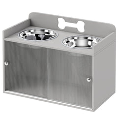 Gray elevated dog bowls with storage cabinet and stainless steel bowls for large dogs
