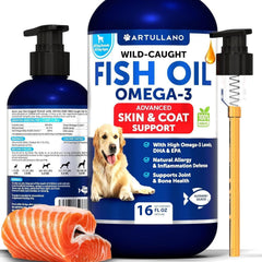 Omega 3 Fish Oil for Dogs bottle emphasizing skin, coat, joint and bone health support with high EPA & DHA from wild caught salmon and pollock oil