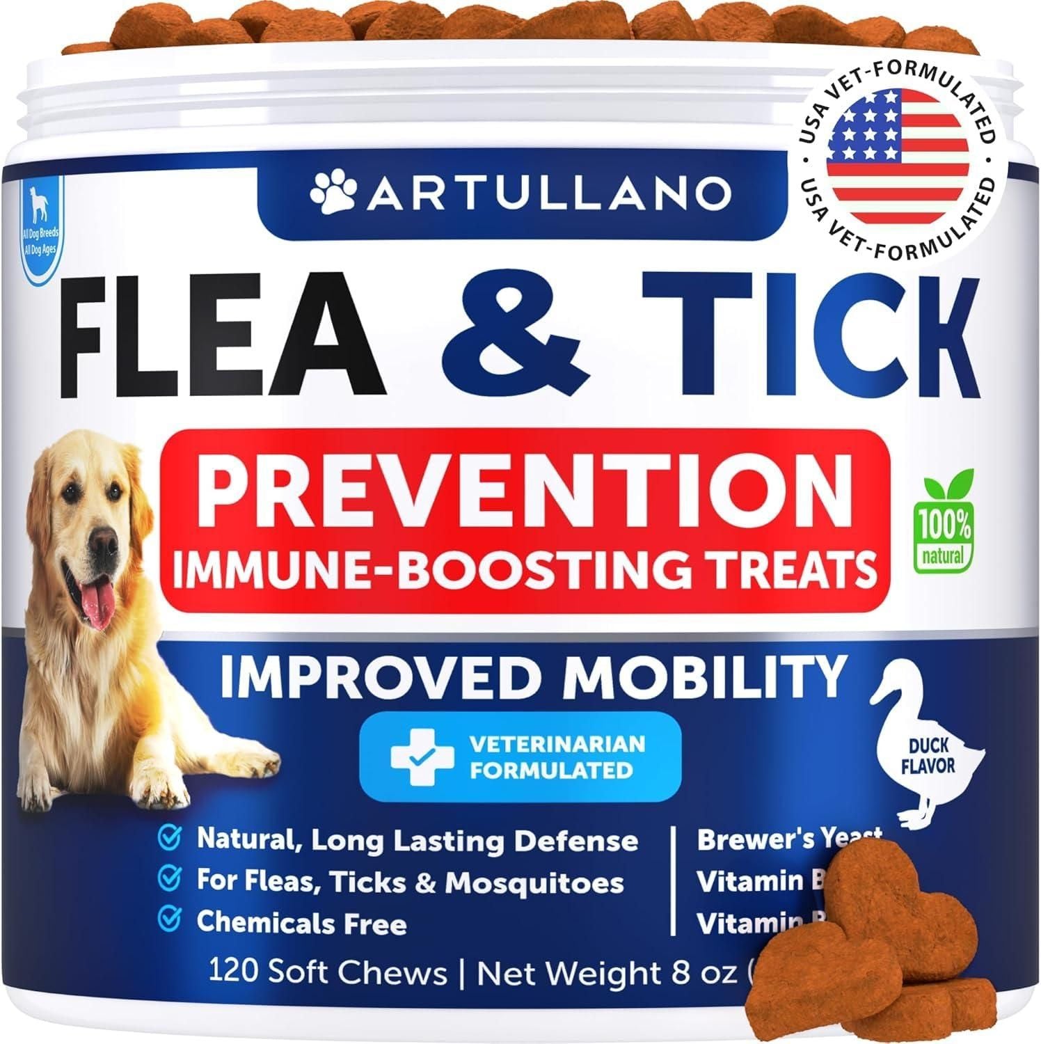 Artullano natural flea and tick prevention chewable supplements for small and large dogs with vitamins and immune support, 120 duck-flavored soft treats, made in USA