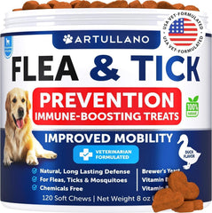 Artullano natural flea and tick prevention chewable supplements for small and large dogs with vitamins and immune support, 120 duck-flavored soft treats, made in USA