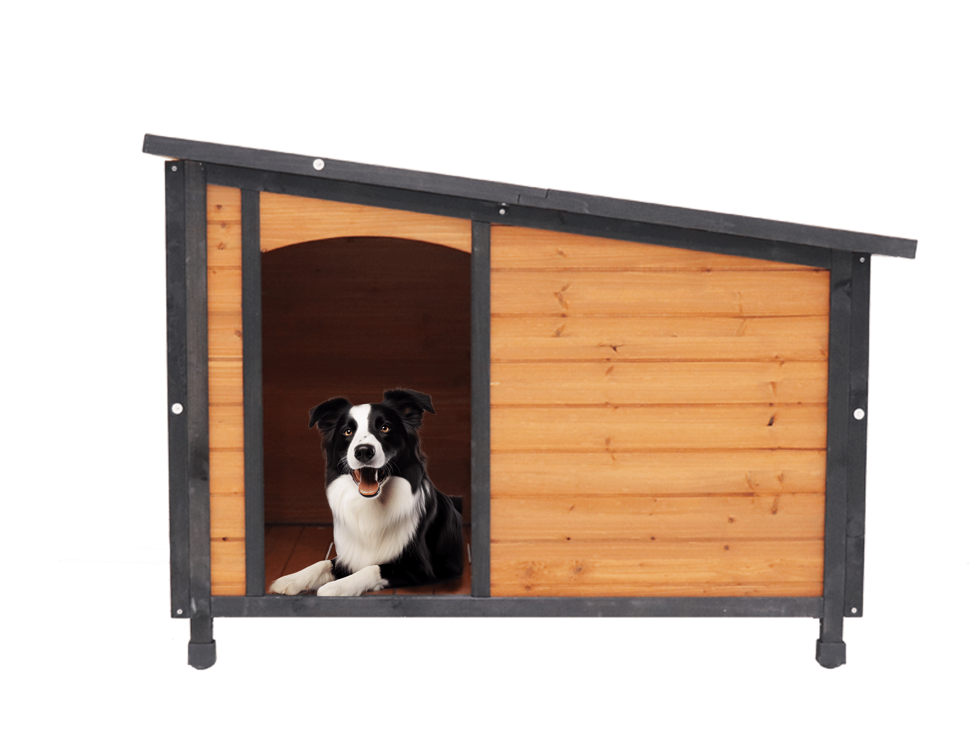 46-inch solid wood dog house outdoor with PVC waterproof roof and raised feet for large dogs in gold, red, and black