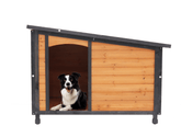 46-inch solid wood dog house outdoor with PVC waterproof roof and raised feet for large dogs in gold, red, and black
