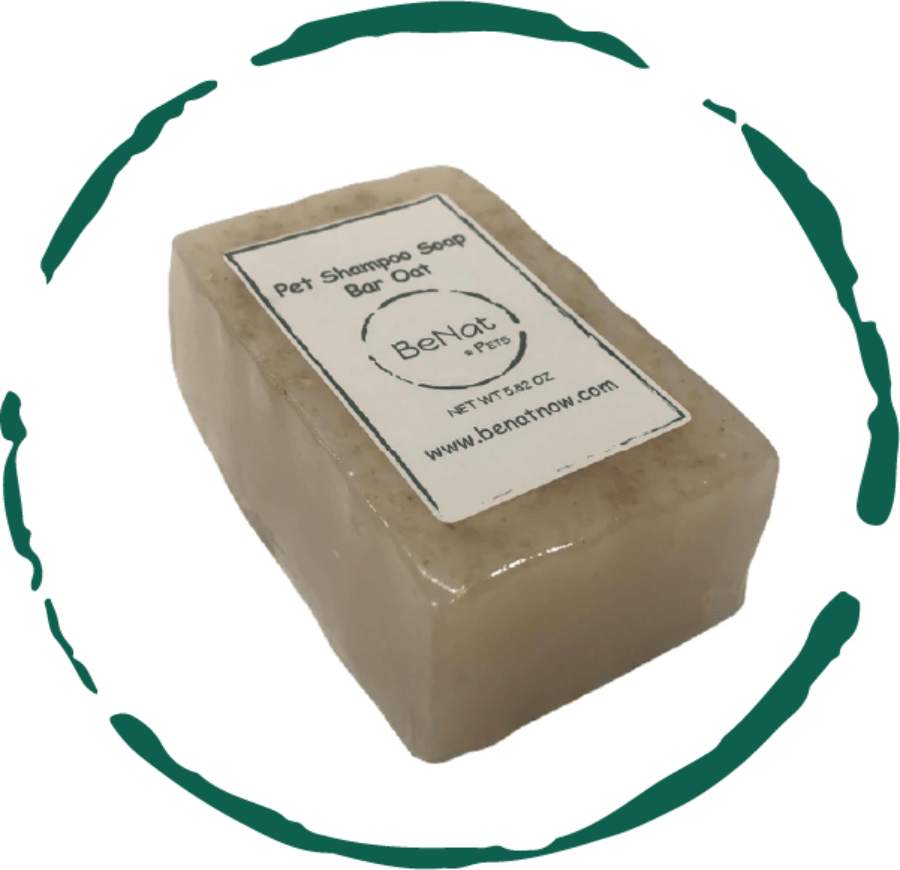 BeNat all-natural pet shampoo bar with oat, lavender, and plant-based oils for soothing, deep cleansing, and conditioning sensitive pet skin.