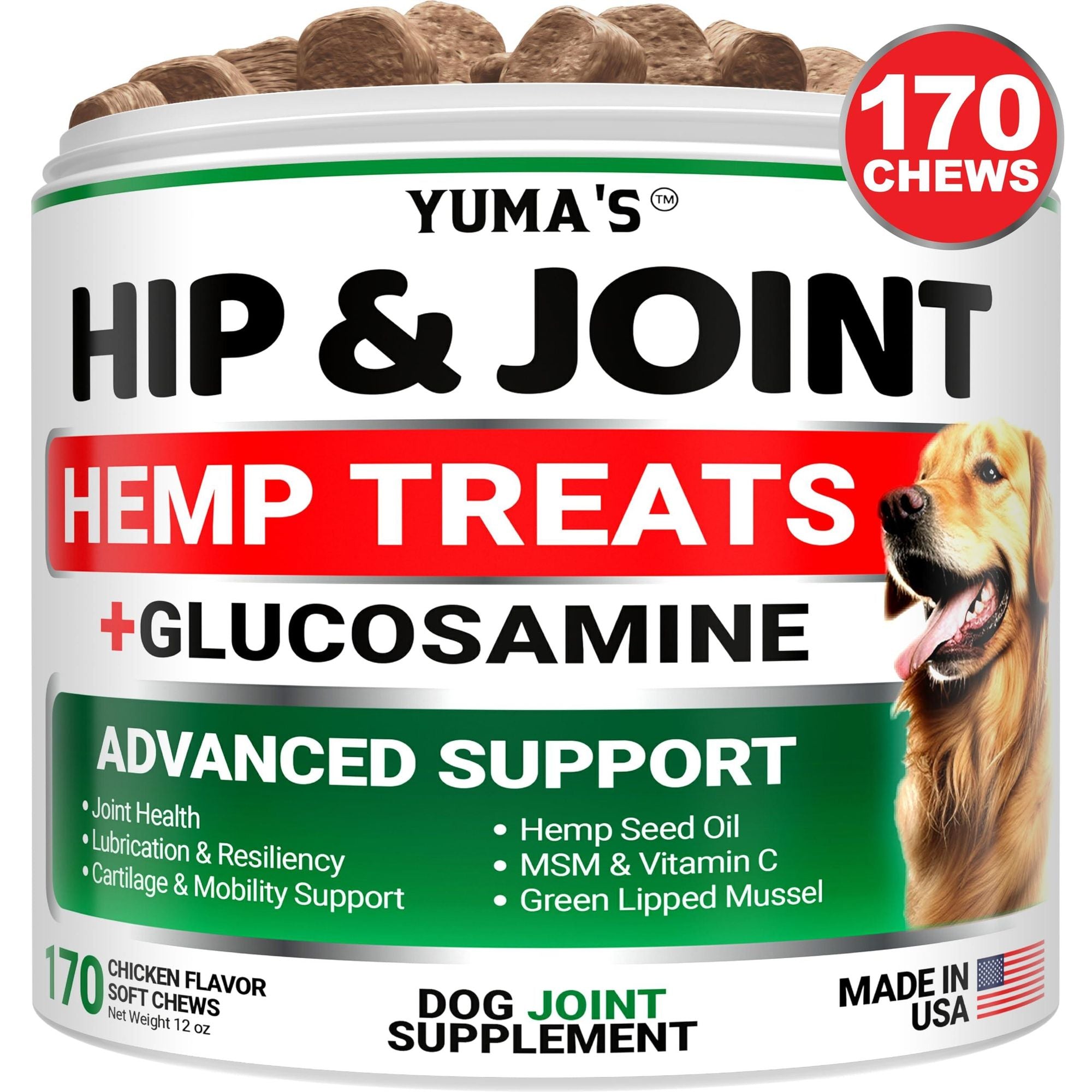 Hemp hip and joint supplement chews for dogs with glucosamine and MSM for joint pain relief and improved mobility