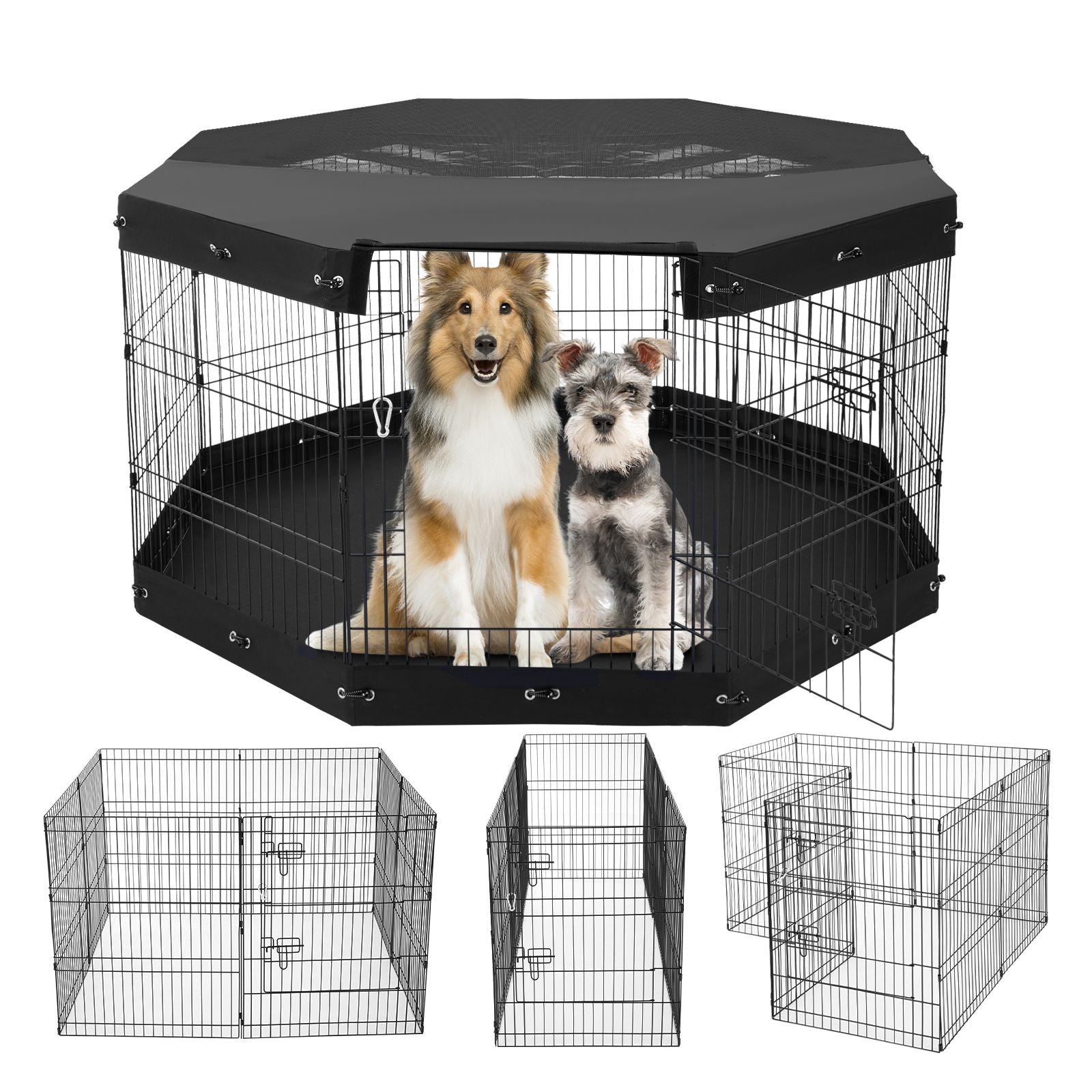Foldable 8-panel metal dog playpen with door, bottom pad, and top cover for indoor and outdoor pet exercise