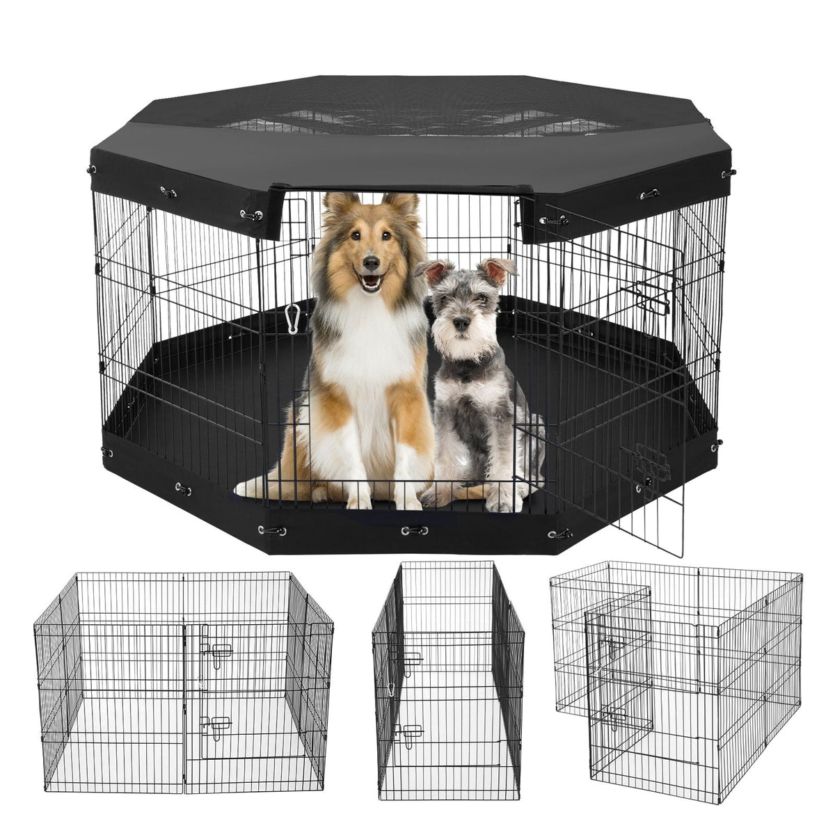 Foldable 8-panel metal dog playpen with door, bottom pad, and top cover for indoor and outdoor pet exercise