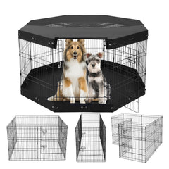 Foldable 8-panel metal dog playpen with door, bottom pad, and top cover for indoor and outdoor pet exercise