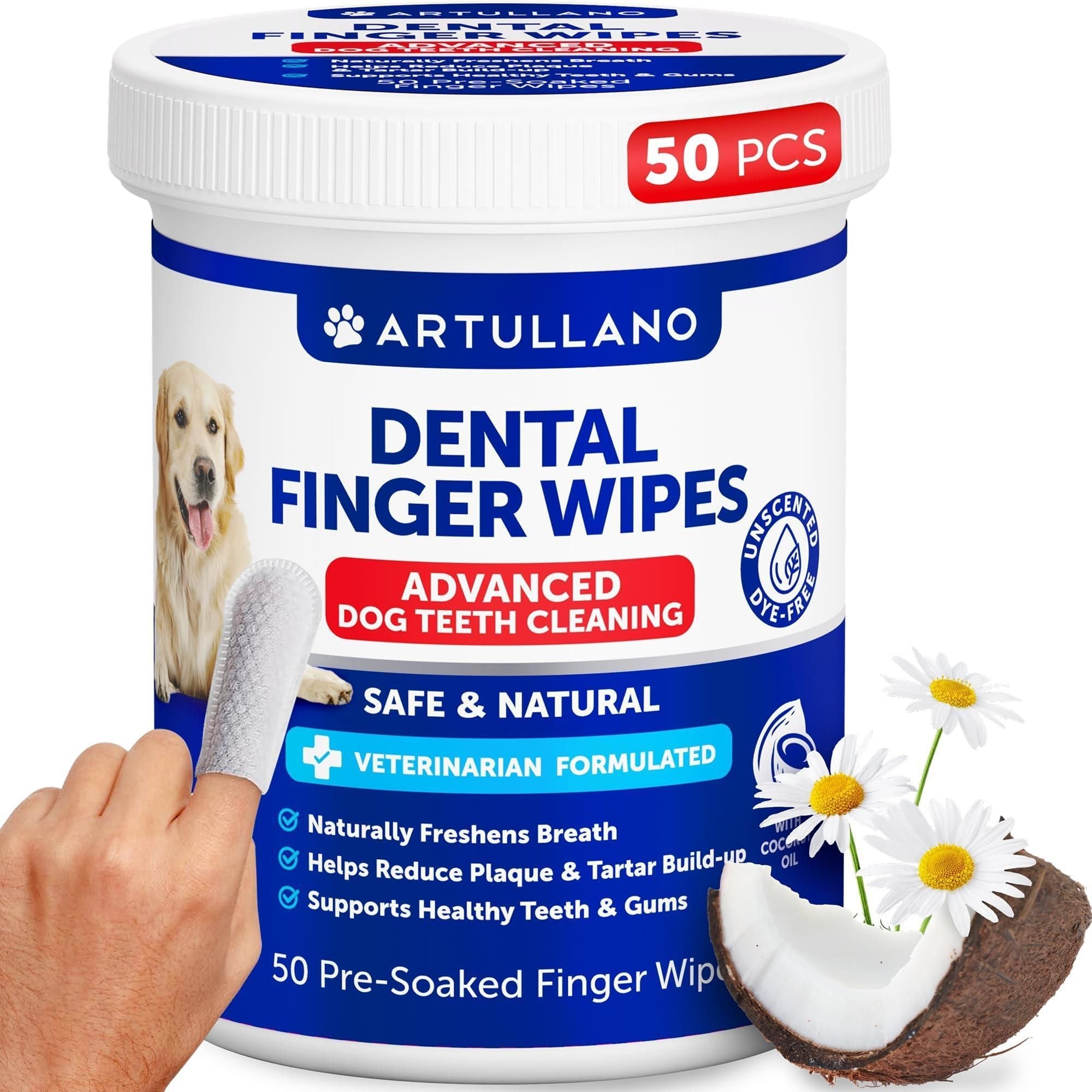 Dog teeth cleaning wipes with coconut oil for plaque removal and fresh breath, designed for daily use and healthy gums