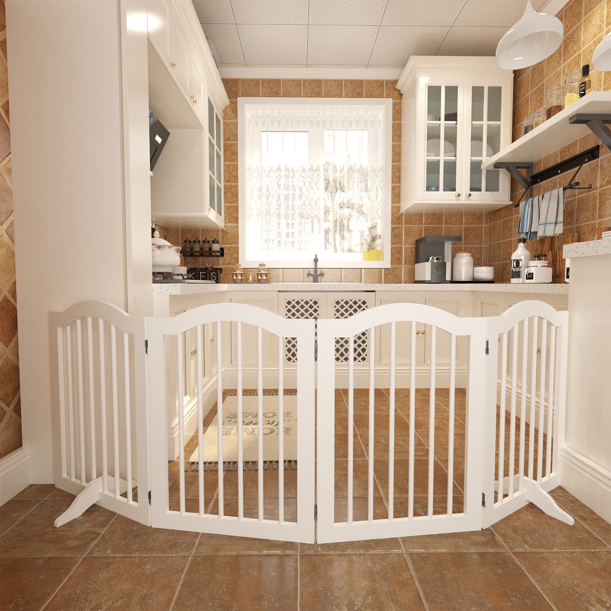 27.6" tall white freestanding wooden pet gate with foldable panels and support feet for home safety