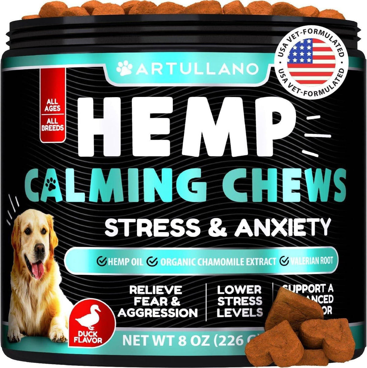 Hemp Calming Chews for Dogs with natural hemp oil and valerian root for anxiety relief and joint support, 120 treats