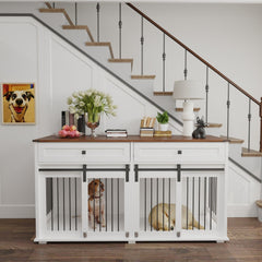 63-inch large wooden dog crate furniture with double sliding doors, drawers, removable divider, and metal accents for large dogs