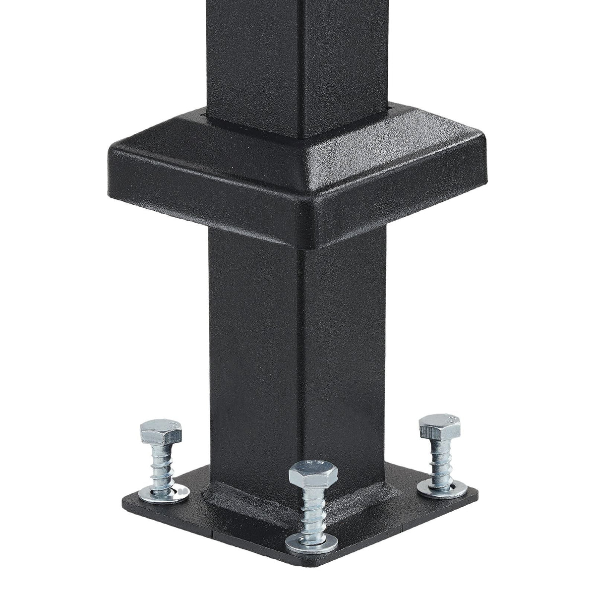 Black transitional carbon steel outdoor steps handrail installed on concrete porch steps with adjustable 5-step stair rail kit and installation hardware