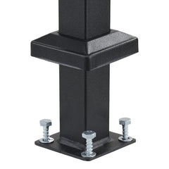 Black transitional carbon steel outdoor steps handrail installed on concrete porch steps with adjustable 5-step stair rail kit and installation hardware