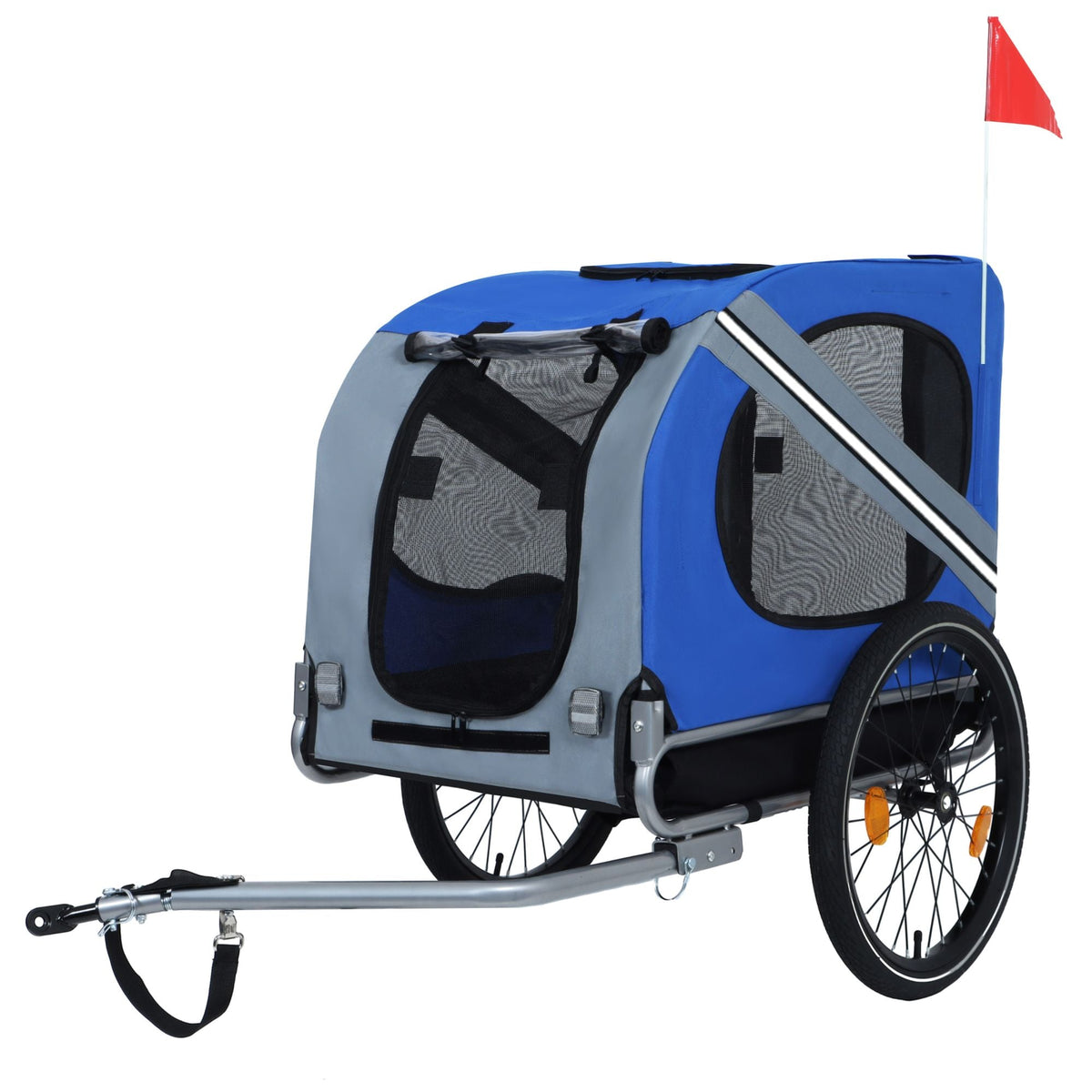 Blue-gray large folding bike trailer for dogs with steel frame and all-terrain wheels
