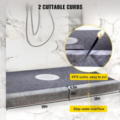 Watertight shower curb kit with PVC flange, stainless steel grate, cuttable curbs, and water-impermeable membrane for bathroom installation