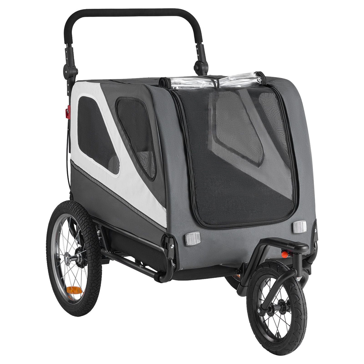 Dog bike trailer with spacious cabin, weather protection, quick release wheel, and universal bike coupler for small and large dogs up to 100 lbs.