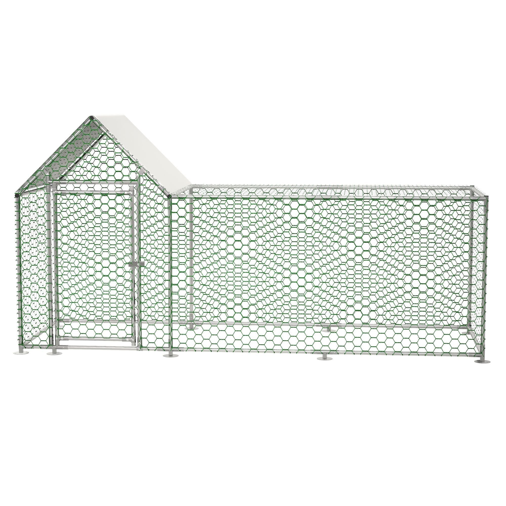 Large silver metal chicken coop run with PVC coated wire mesh and removable cover