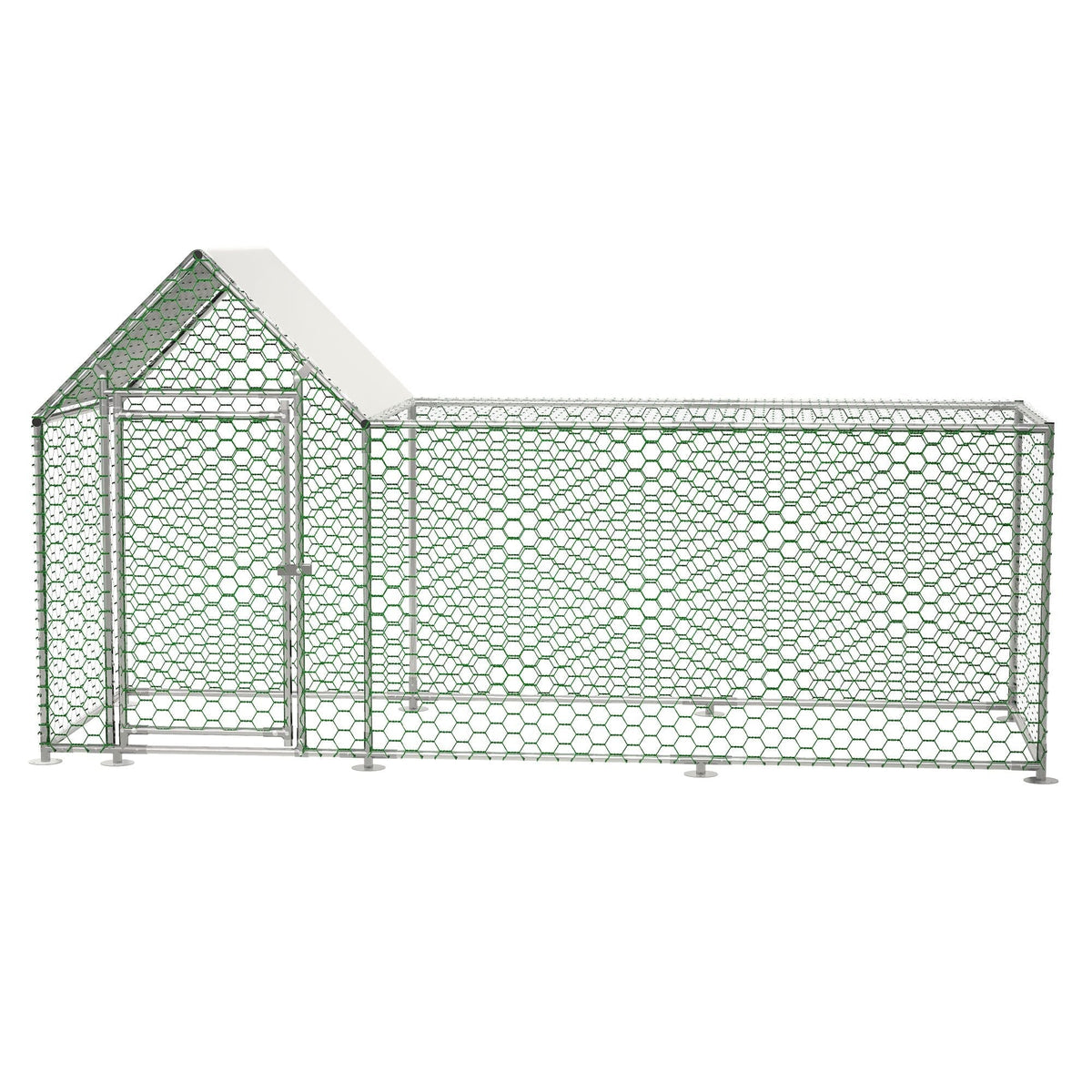 Large silver metal chicken coop run with PVC coated wire mesh and removable cover