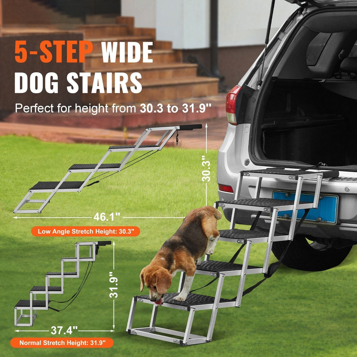 Portable 5-step dog stair for cars with nonslip surface and sturdy aluminum frame supporting pets up to 150 lbs