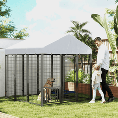 Spacious silver and black steel dog kennel with PE cover, wire panels, adjustable bowl racks, and lockable large gate for dogs up to 66 lbs