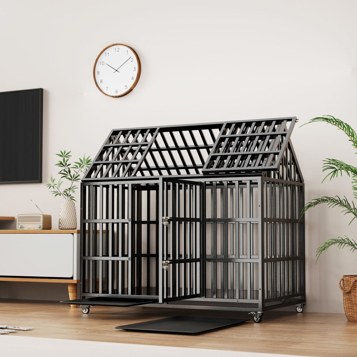 52-inch heavy duty black metal dog crate with lockable wheels and top opening door