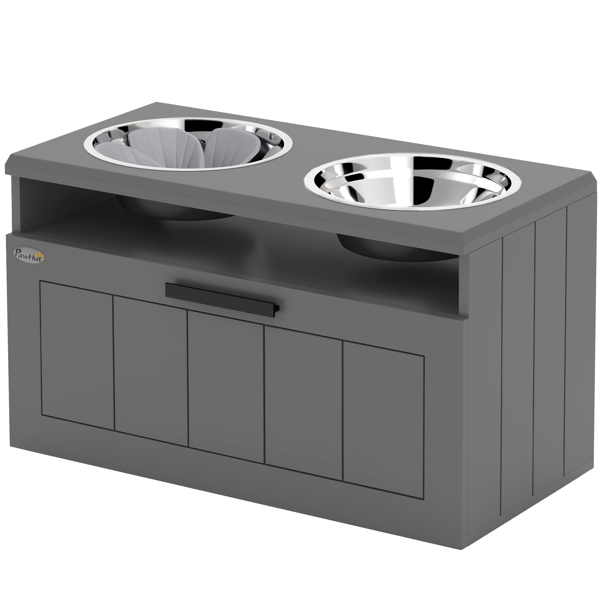Elevated dog bowls with raised stand, dual stainless steel bowls, storage drawer, and slow feeder mat for large breeds