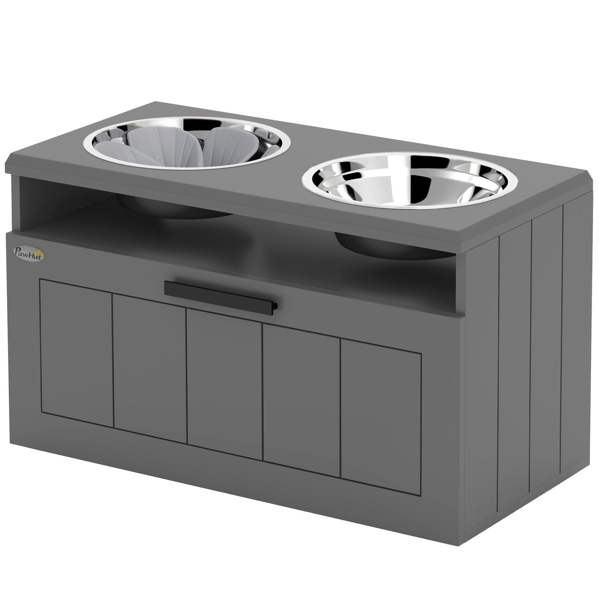 Elevated dog bowls with raised stand, dual stainless steel bowls, storage drawer, and slow feeder mat for large breeds