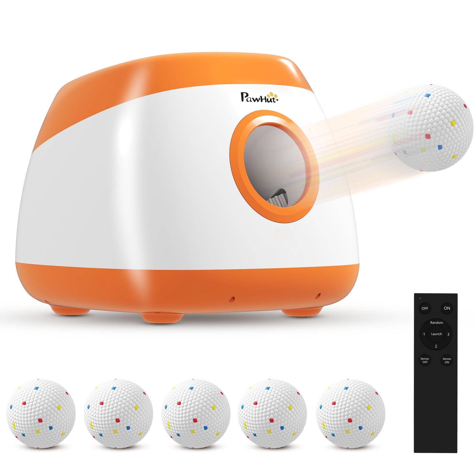 Orange automatic dog ball launcher with remote and six ETPU balls for medium and large dogs